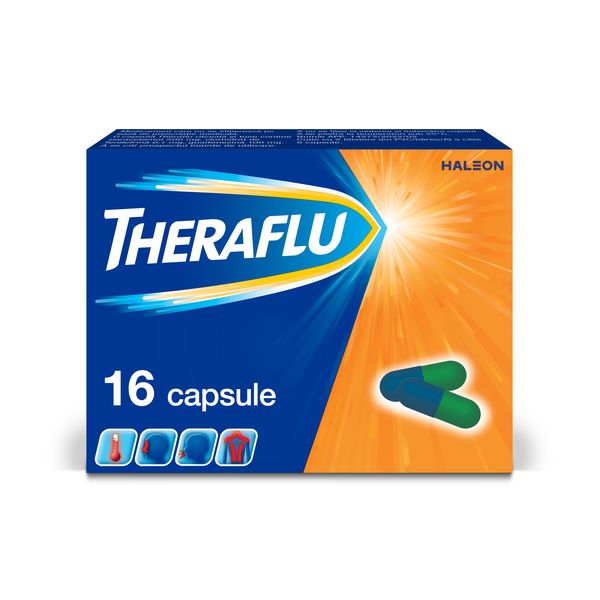 Poza produs Theraflu Raceala si tuse, Haleon | 500 mg/6,1 mg/100 mg, 16 cps