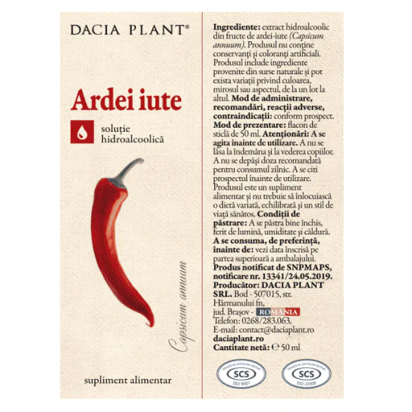 Poza produs Tinctura Ardei iute, Dacia Plant | 50 ml
