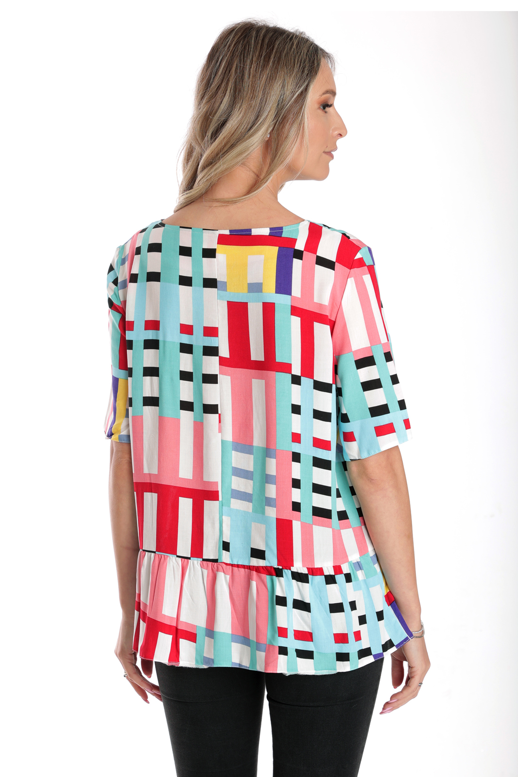 Poza produs Bluza volan CV24056 alb/multicolor cadrilat, Cesy | marimea S