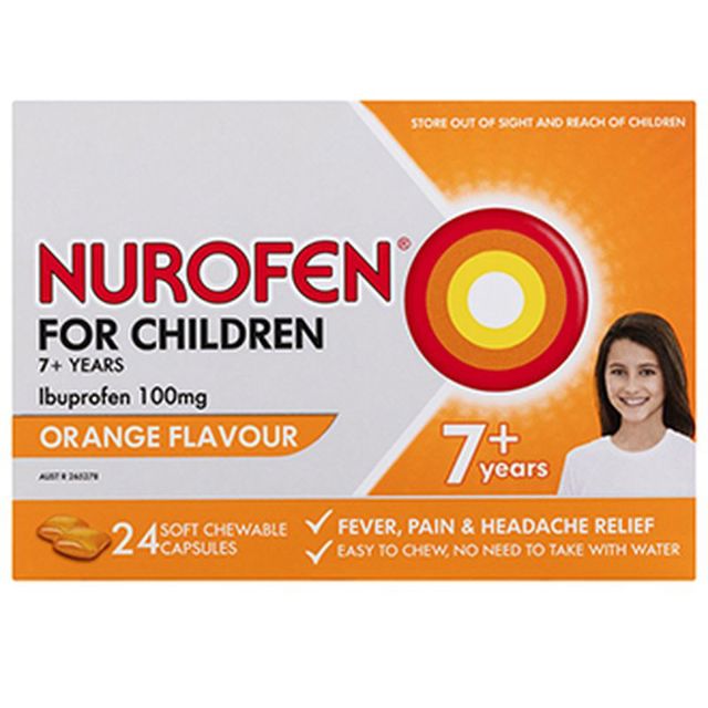 Poza produs Nurofen Junior 100 mg cu portocale 7 ani+ | 24 capsule masticabile