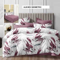 Lenjerie de pat policoton ELVO alb mov geometric 230x250 cm, Ralex | 1 buc