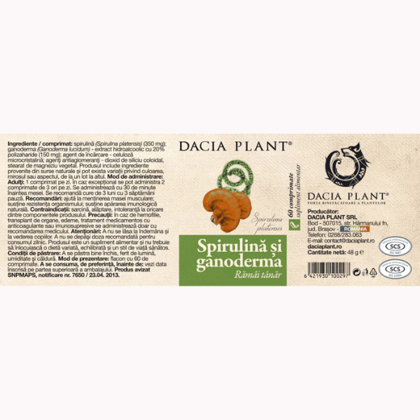 Poza produs Spirulina si Ganoderma, Dacia Plant | 60 comprimate