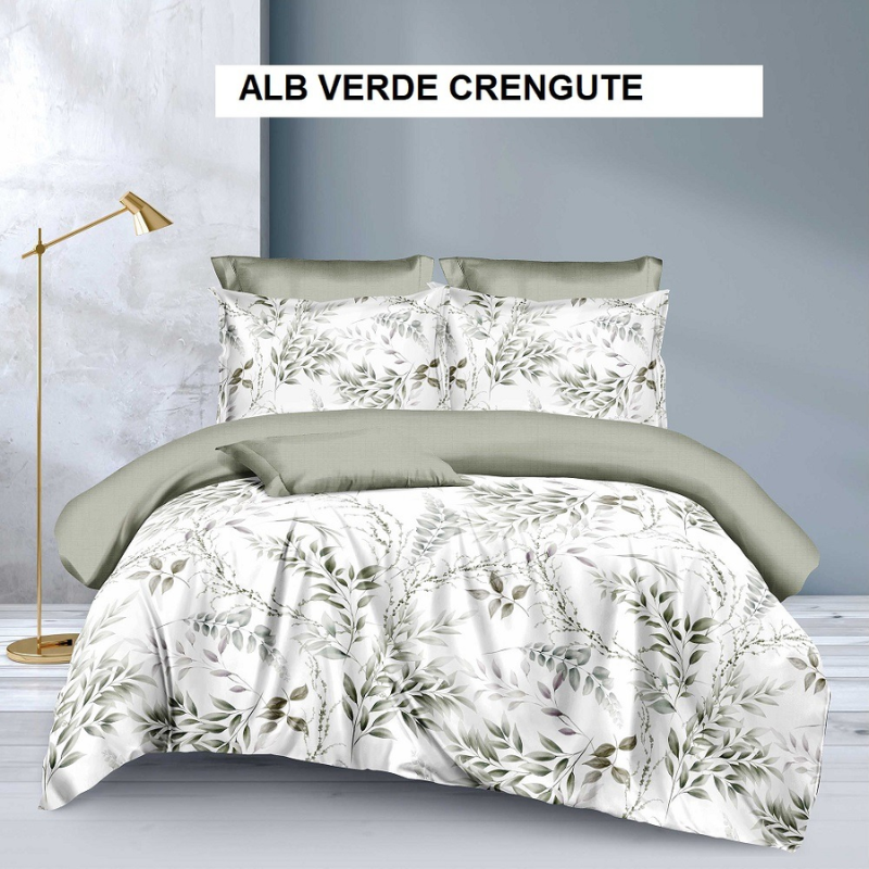 Poza produs Lenjerie de pat ECONOMY alb verde crengute 230x250 cm, Ralex | 1 buc