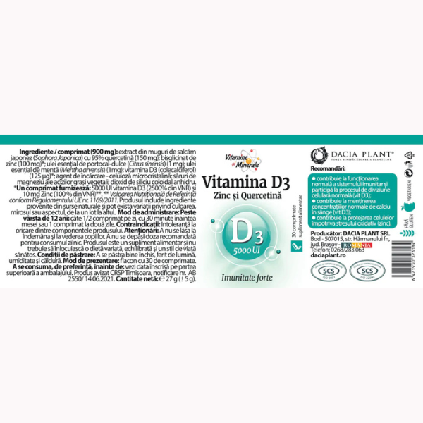 Poza produs Vitamina D3 (5000U.I.) cu Zinc si Quercitina, Dacia Plant | 30 comprimate