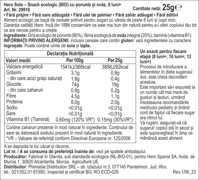 Poza produs HERO SOLO SNACK PORUMB SI OVAZ 25G ECO 8LUNI+ 29916