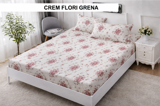 Poza produs Husa de pat cu 2 fete de perna FINET crem flori grena 160x200 cm, Ralex | 1 buc