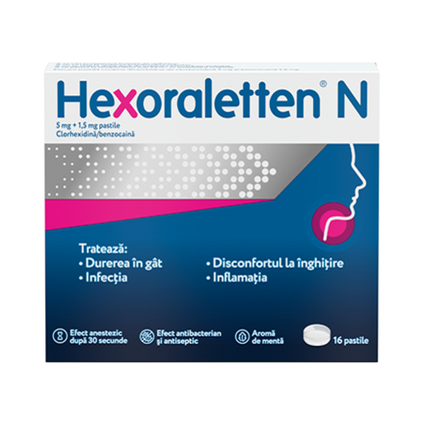 Poza produs Hexoraletten N 5 mg + 1,5 mg, McNeil Healthcare | 16 pastile