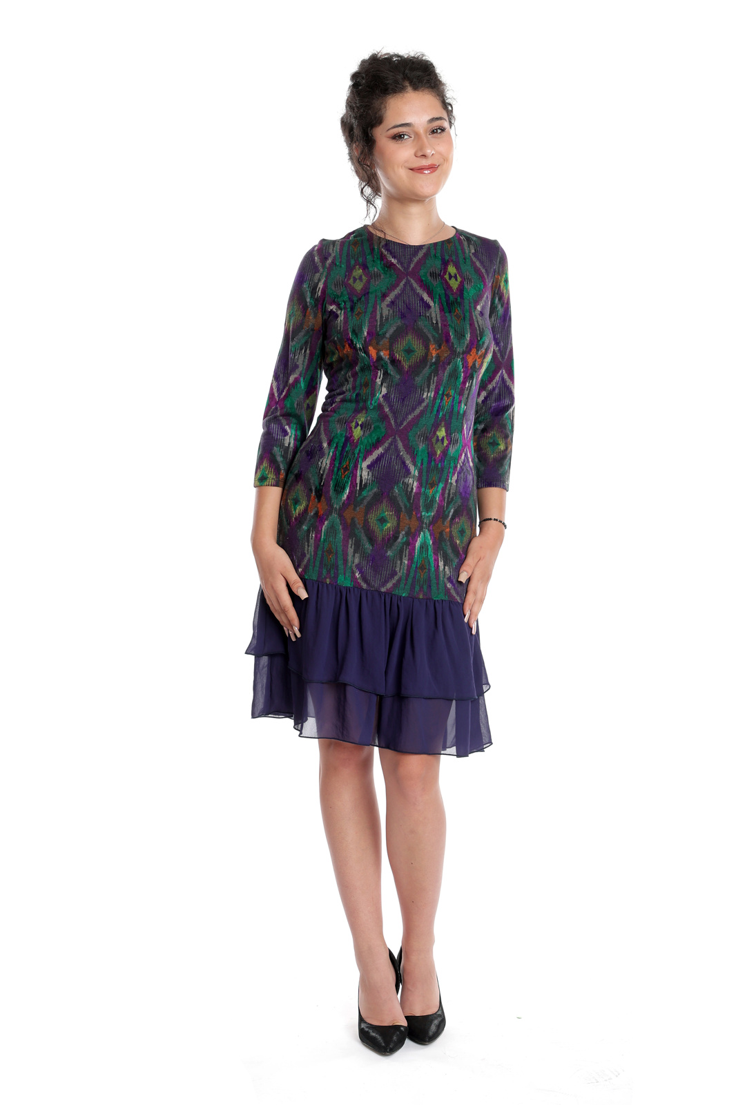 Poza produs Rochie bordura volane CT23060 bleumarin/imprimeu pastel, Cesy | marimea S