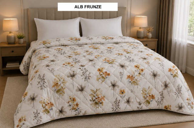 Poza produs Pilota pat 3D 2 persoane alb frunze 200x215 cm, Ralex | 1 buc
