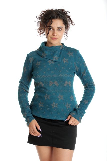 Poza produs Pulover guler CT24095 verde turcoaz/gri, Cesy | marimea S