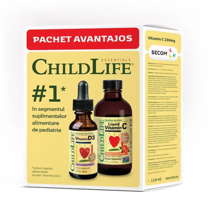 Poza produs Kit de imunitate pentru copii Vitamina C 250 mg, 118 ml + Vitamina D3 500UI, 30 ml, Childlife Essentials, Secom