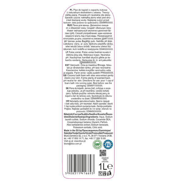 Poza produs Spuma de baie cu Cocos si Extract de Aloe Vera Naturaphy, Blux | 1 l