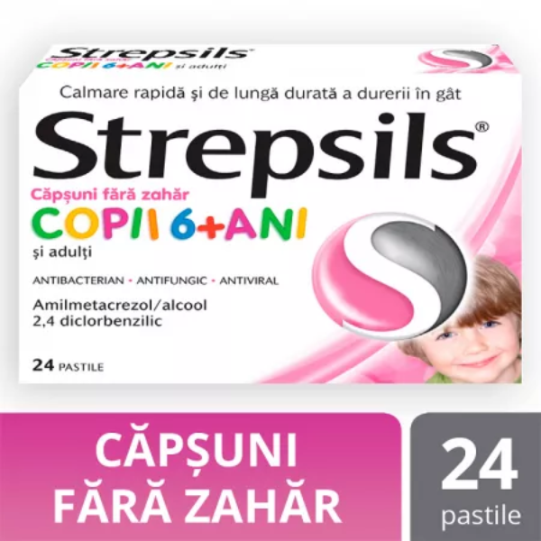 Poza produs Strepsils Capsuni fara zahar copii 6+ ani, Reckitt Benkiser | 24 pastile