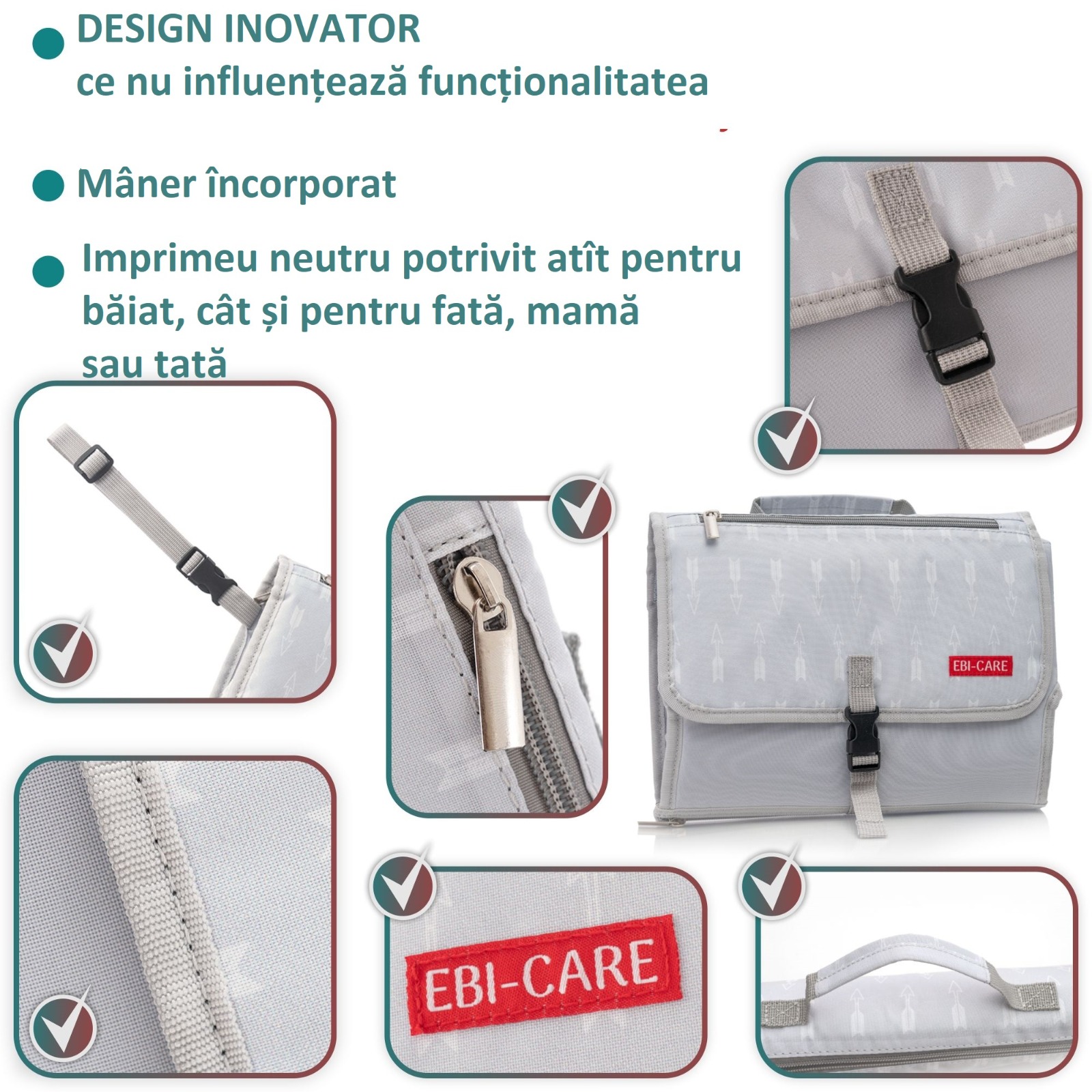 Poza produs Geanta bebelusi pentru schimbat scutece si infasat Gri 32x24 cm, EBI-CARE