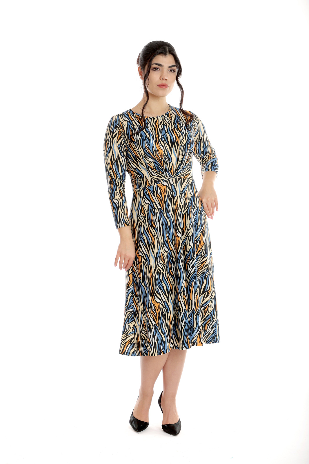 Poza produs Rochie pliuri bust CP24027 albastru/orange animal print, Cesy | marimea S