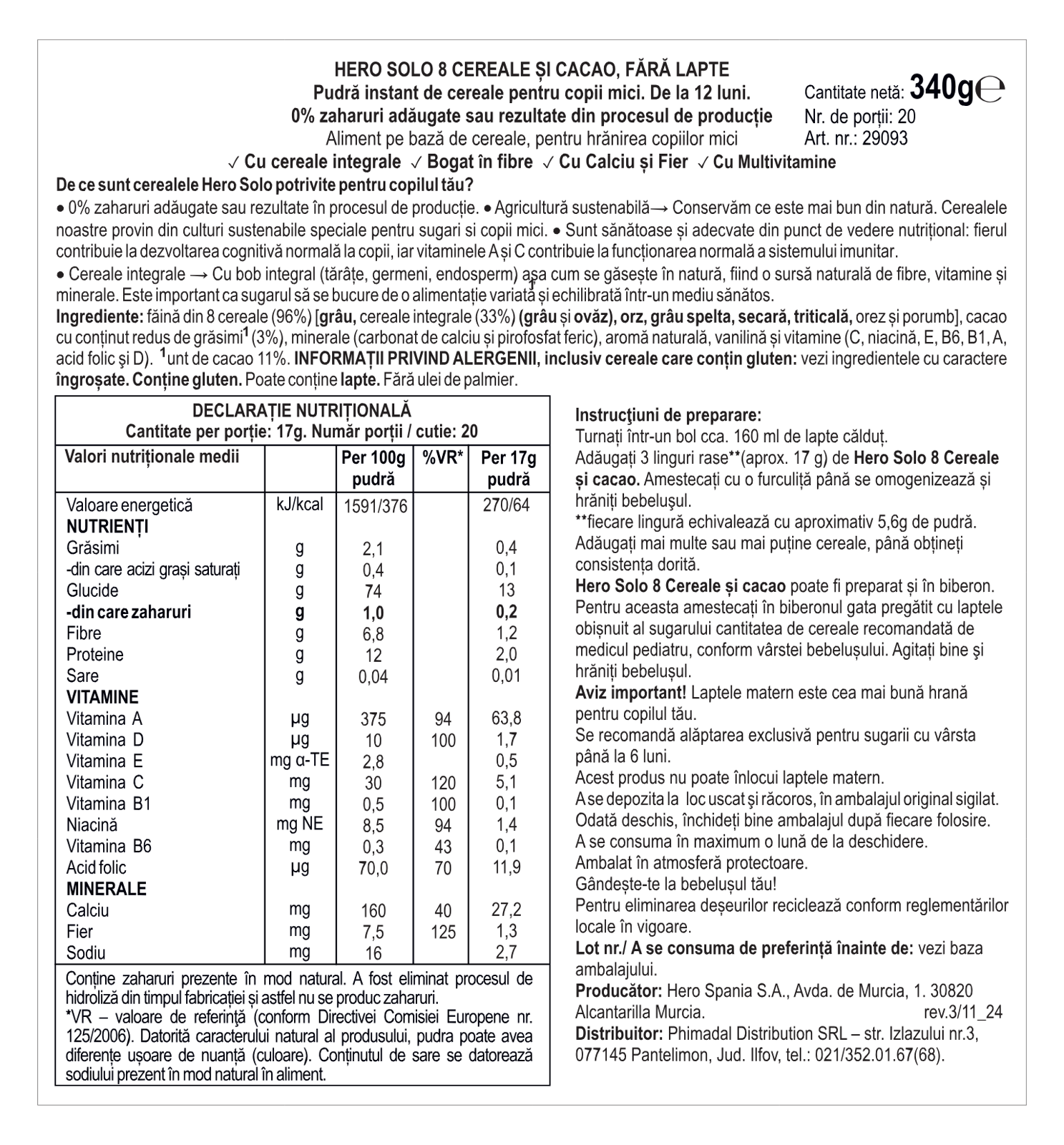 Poza produs Pudra instant 8 cereale cu cacao 12+ luni, Hero | 340 g
