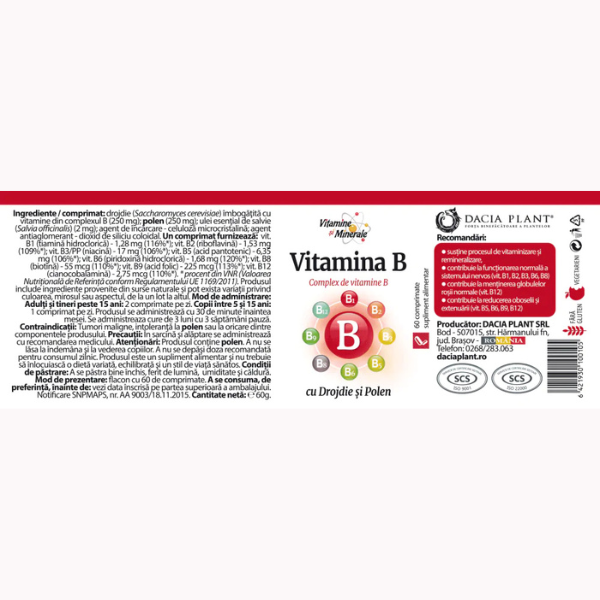 Poza produs Vitamina B cu Drojdie si Polen, Dacia Plant | 60 comprimate