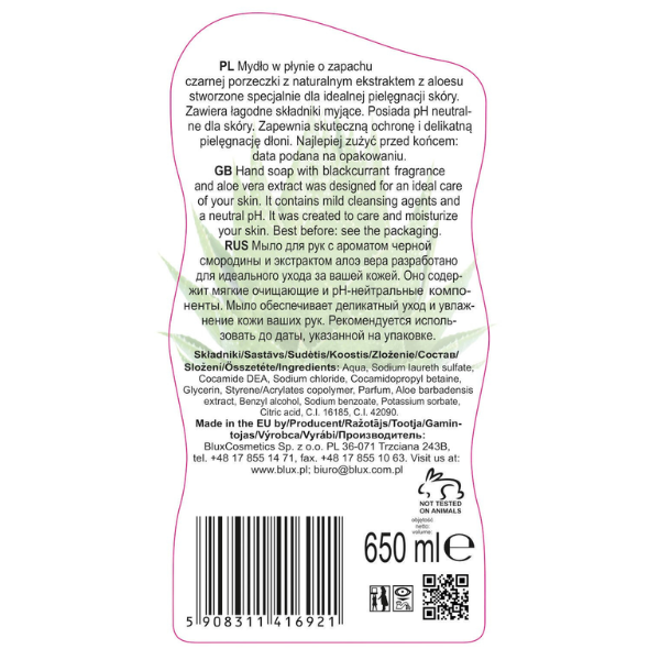 Poza produs Sapun lichid Coacaze negre si Extract de Aloe Vera Naturaphy, Blux | 650 ml