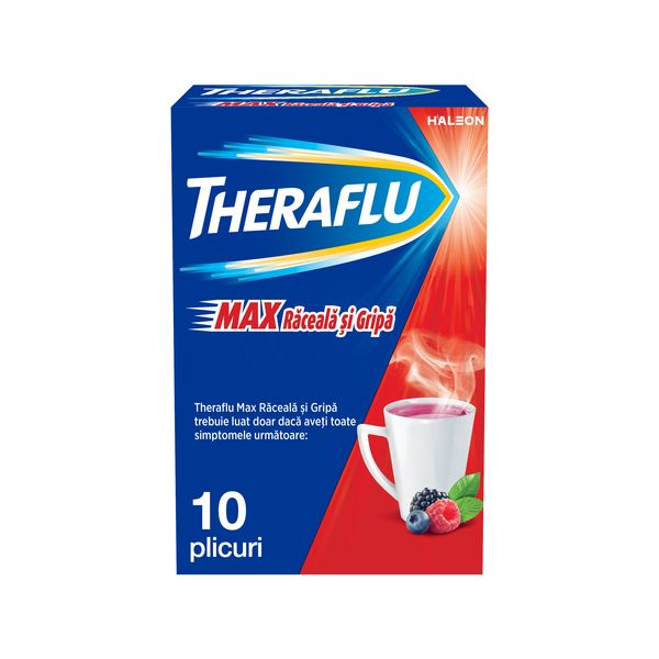 Poza produs Theraflu Max Raceala si Gripa cu aroma de fructe de padure si mentol 1000 mg/10 mg/70 mg, Haleon | 10 plicuri