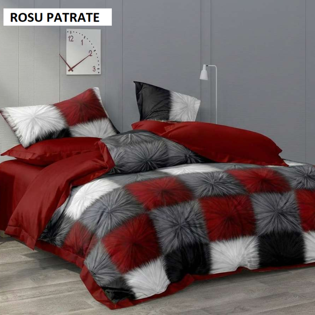 Poza produs Lenjerie pat cu husa FINET (6 piese) rosu patrate 180x200 cm, Ralex | 1 buc