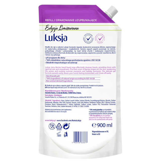 Poza produs Rezerva sapun lichid CREAMY & SOFT JUICY BERRIES XXL, Luksja| 900 ml