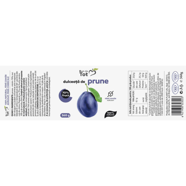 Poza produs Bun de Tot dulceata de prune, fara zahar, Dacia Plant | 360g