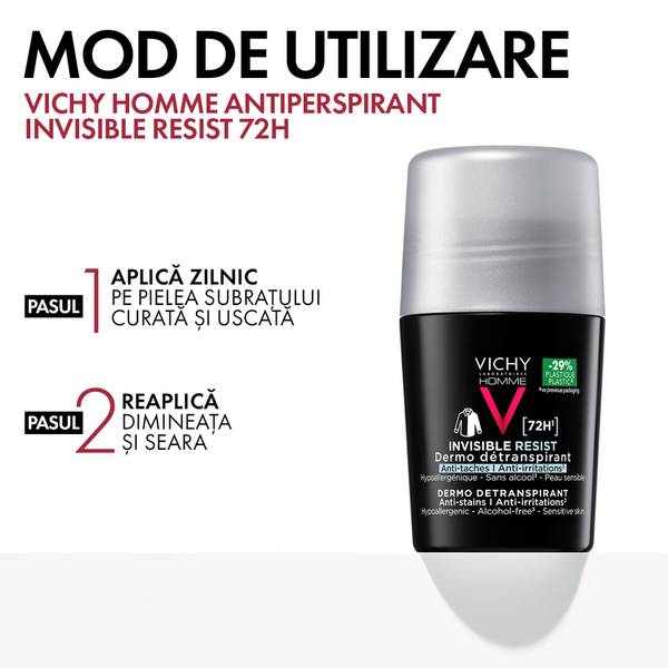 Poza produs Pachet Deodorant roll-on antiperspirant pentru barbati Invisible Resist 72H, 50 ml + 50 ml, Vichy