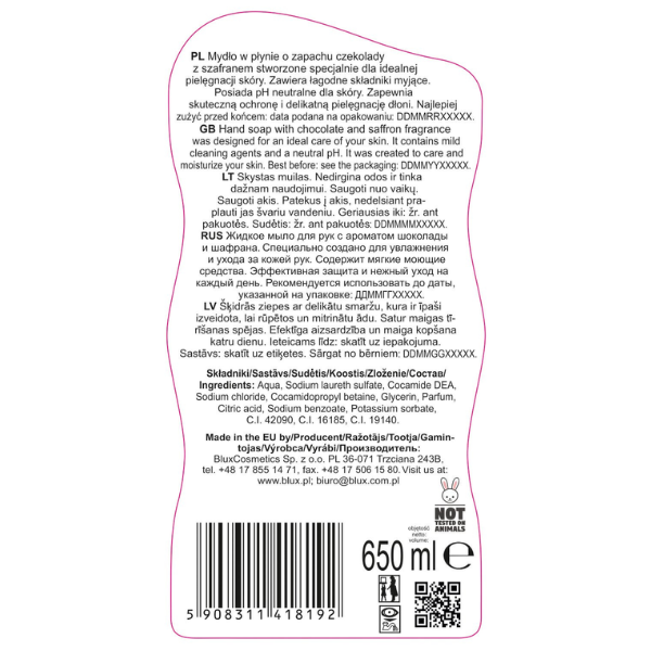 Poza produs Sapun lichid Ciocolata si Sofran Naturaphy, Blux | 650 ml