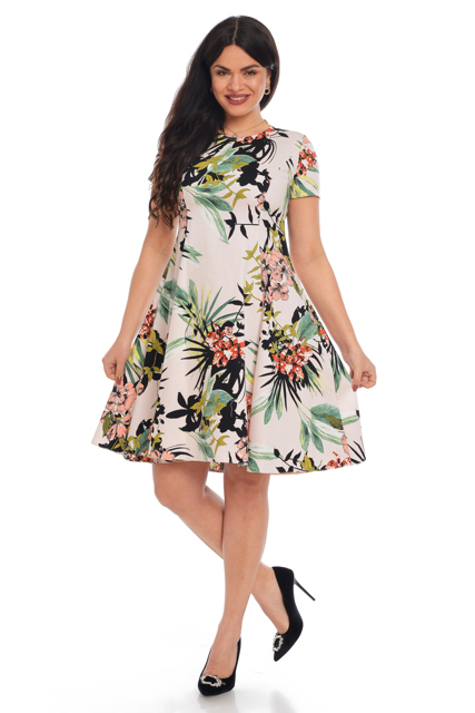 Poza produs Rochie clini CV21022 roz quartz/imprimeu tropical, Cesy | marimea S