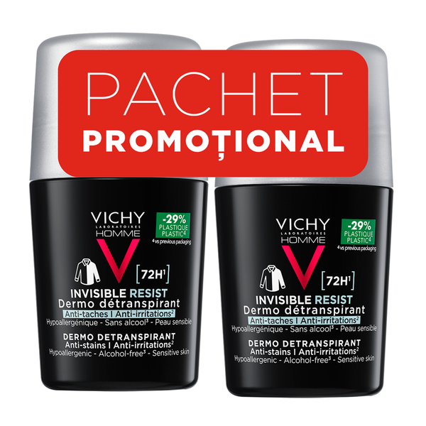 Poza produs Pachet Deodorant roll-on antiperspirant pentru barbati Invisible Resist 72H, 50 ml + 50 ml, Vichy