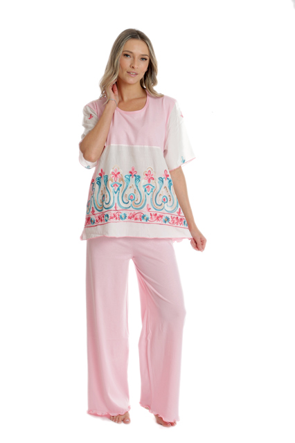 Pijama 3/4 dama AV2541 roz quartz/alb arabesc, Andana | marimea S — poza produs 3/3