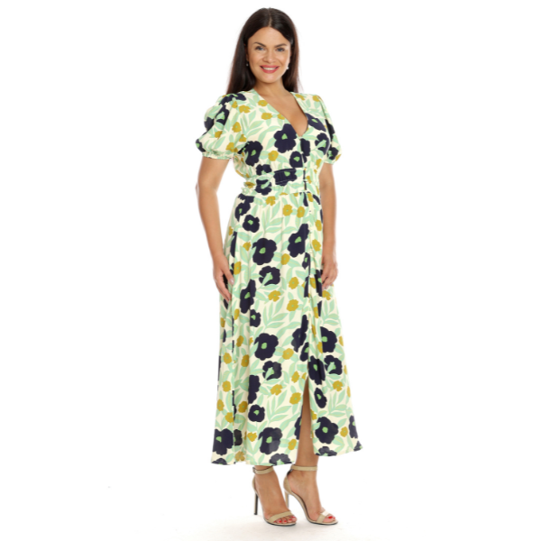 Poza produs Rochie cu nasturi DV23R52 crem/vernil/bleumarin floral, Dress to Impress | marimea 36