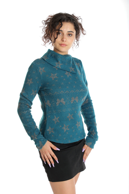 Poza produs Pulover guler CT24095 verde turcoaz/gri, Cesy | marimea S