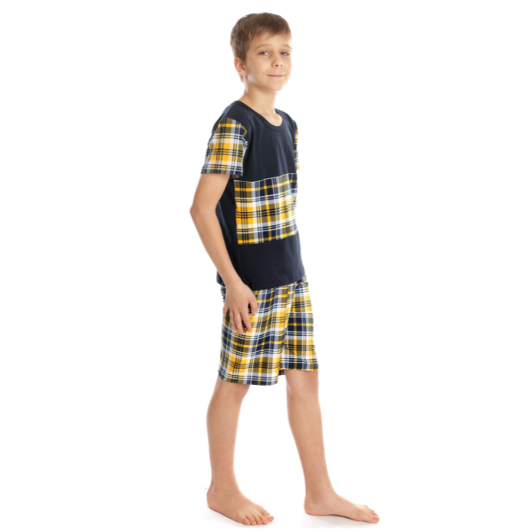 Pijama 1/2 baieti AV2424 bleumarin/galben cadrilat, Andana | marimea 32 (5/6 ani) — poza produs 2/3