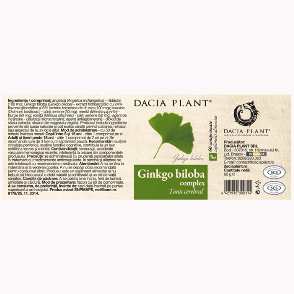 Poza produs Ginkgo Biloba, Dacia Plant | 60 comprimate