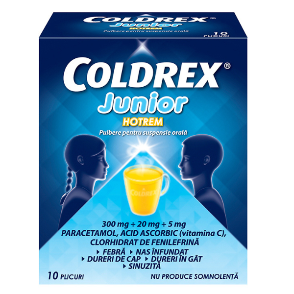 Poza produs Coldrex Junior Hotrem 300 mg + 20 mg + 5 mg, Perrigo | 10 plicuri