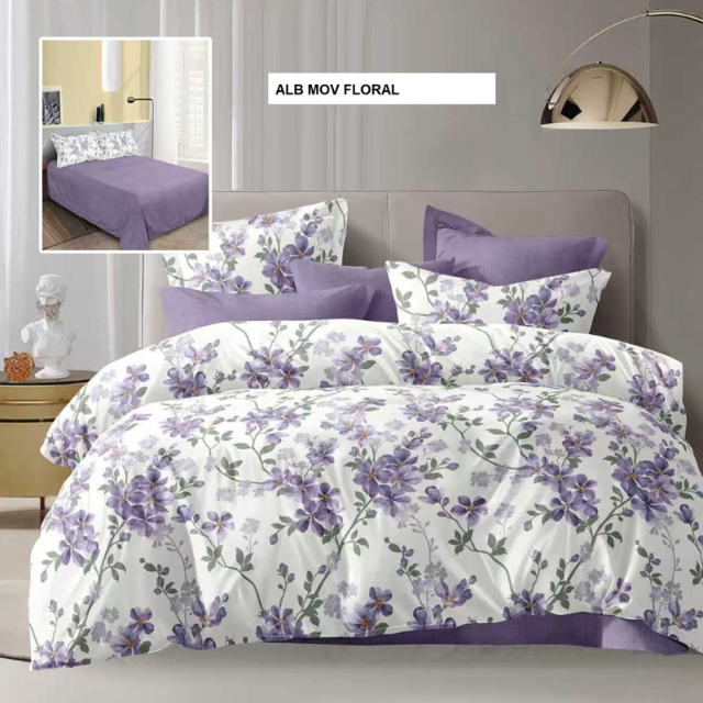 Poza produs Lenjerie de pat ECONOMY alb mov floral 230x250 cm, Ralex | 1 buc
