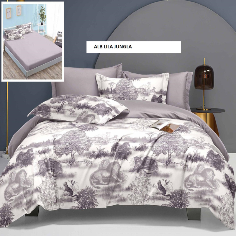 Poza produs Lenjerie cu husa ELEGANCE alb lila jungla 180x200 cm, Ralex | 1 buc