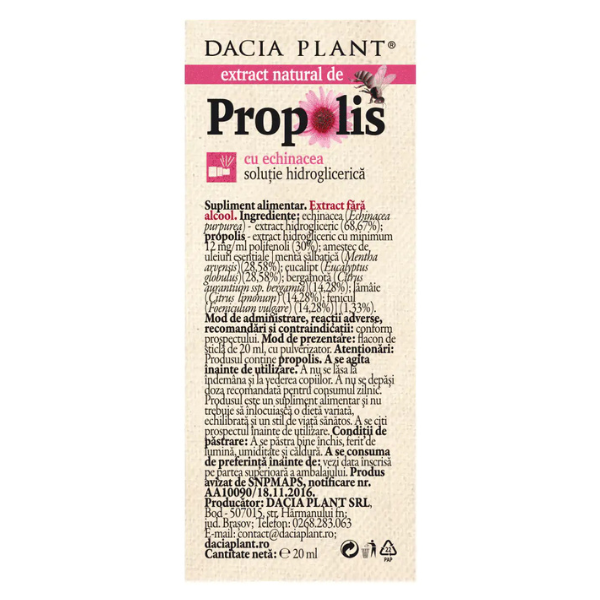 Poza produs Propolis cu Echinacea fara alcool spray, Dacia Plant | 20 ml