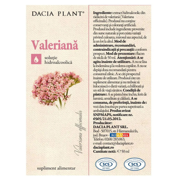 Poza produs Tinctura Valeriana, Dacia Plant | 50 ml