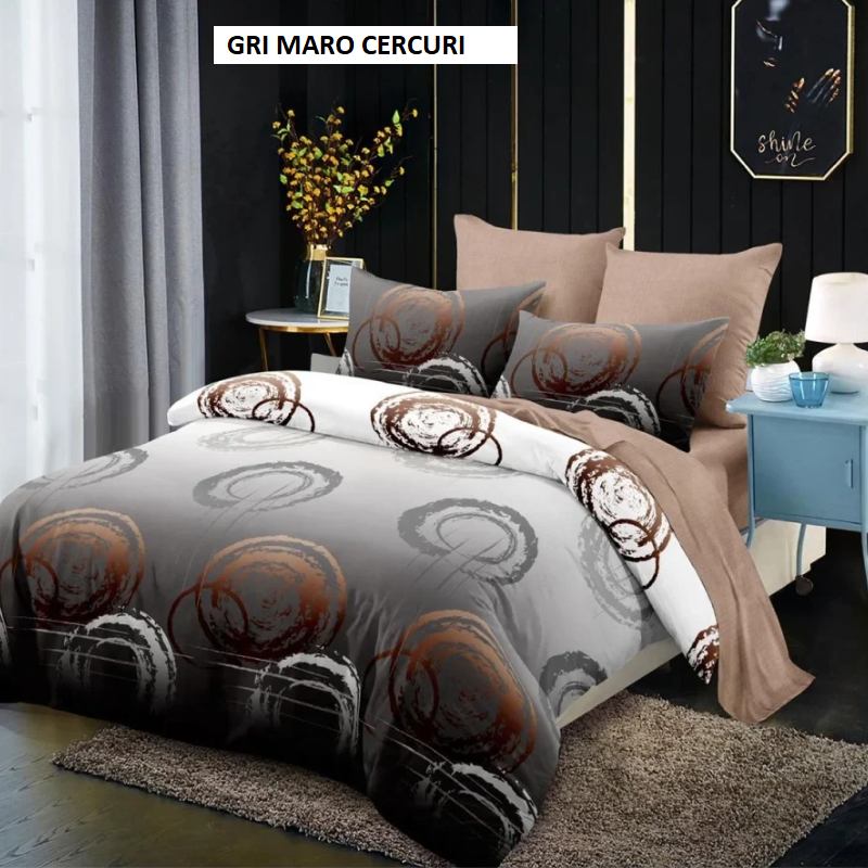 Poza produs Lenjerie pat cu husa FINET (6 piese) gri maro cercuri 180x200 cm, Ralex | 1 buc
