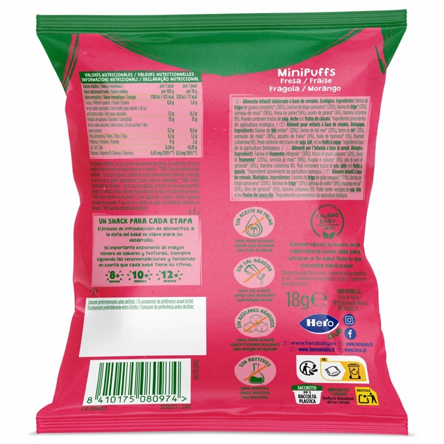 Poza produs Snack Bio din cereale cu capsuni Solo Minipuffs 8+ luni, Hero | 18 g