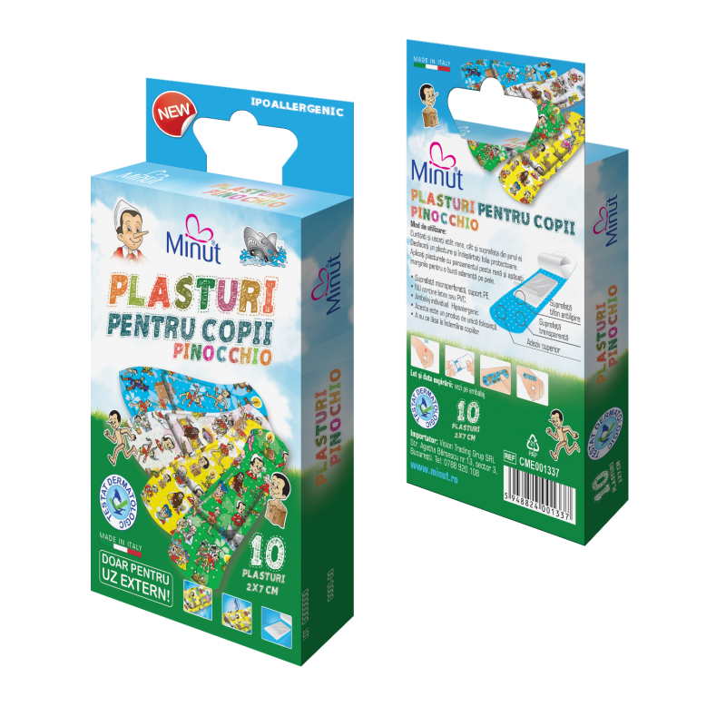 Poza produs Plasturi pentru copii Pinochio 2 X 7CM, 10 BUC, Minut