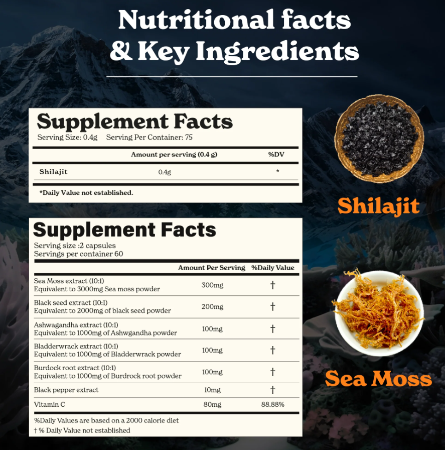 Poza produs Better Alt Shilajit Sea Moss, Formula de Shilajit cu Alge Marine, Ashwagandha si Tongkat Ali, General Nutrition Corp | 120 cps