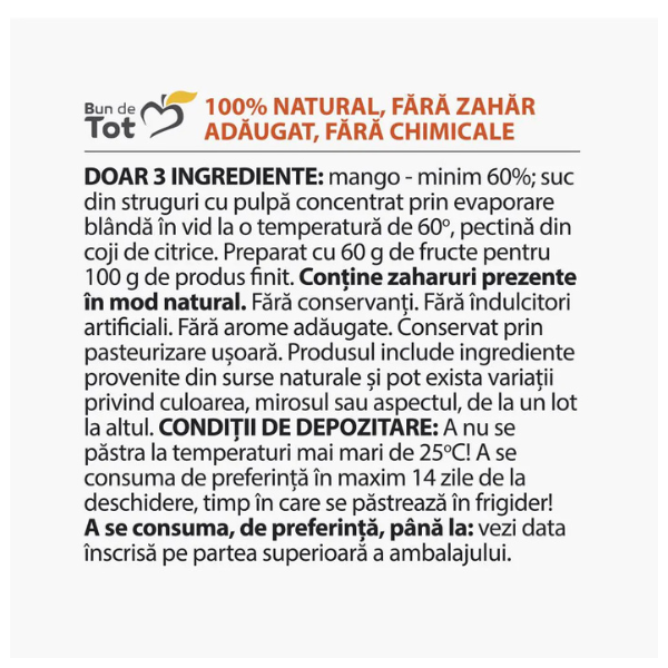 Poza produs Bun de Tot Dulceata Mango, fara zahar, Dacia Plant | 360 g