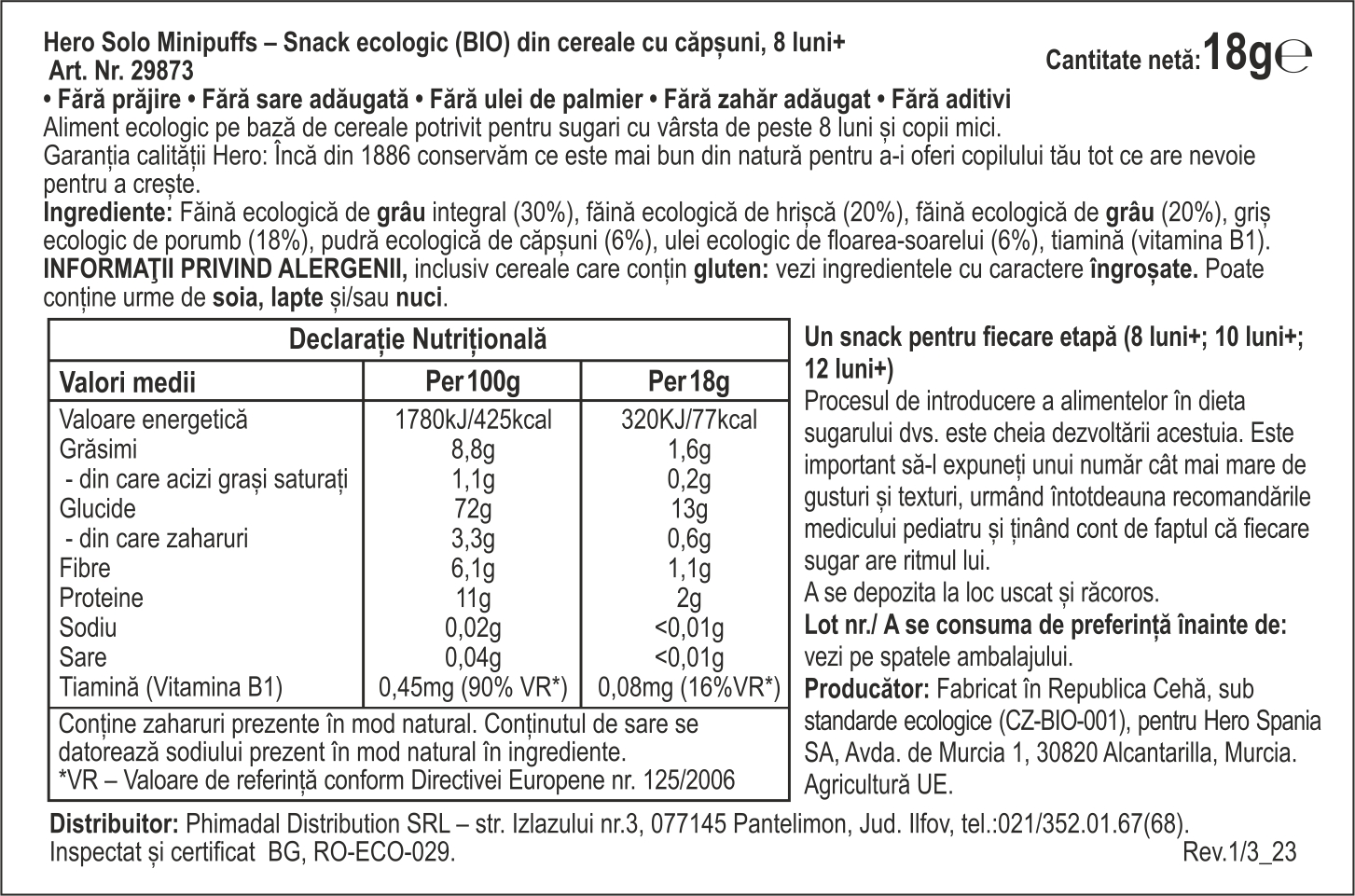 Poza produs Snack Bio din cereale cu capsuni Solo Minipuffs 8+ luni, Hero | 18 g