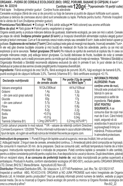 Poza produs CEREALE ECOLOGICE BIO CU OREZ PORUMB CAPSUNI SI BANANE 6+ LUNI 120G 223310   ORGANIX BRANDS