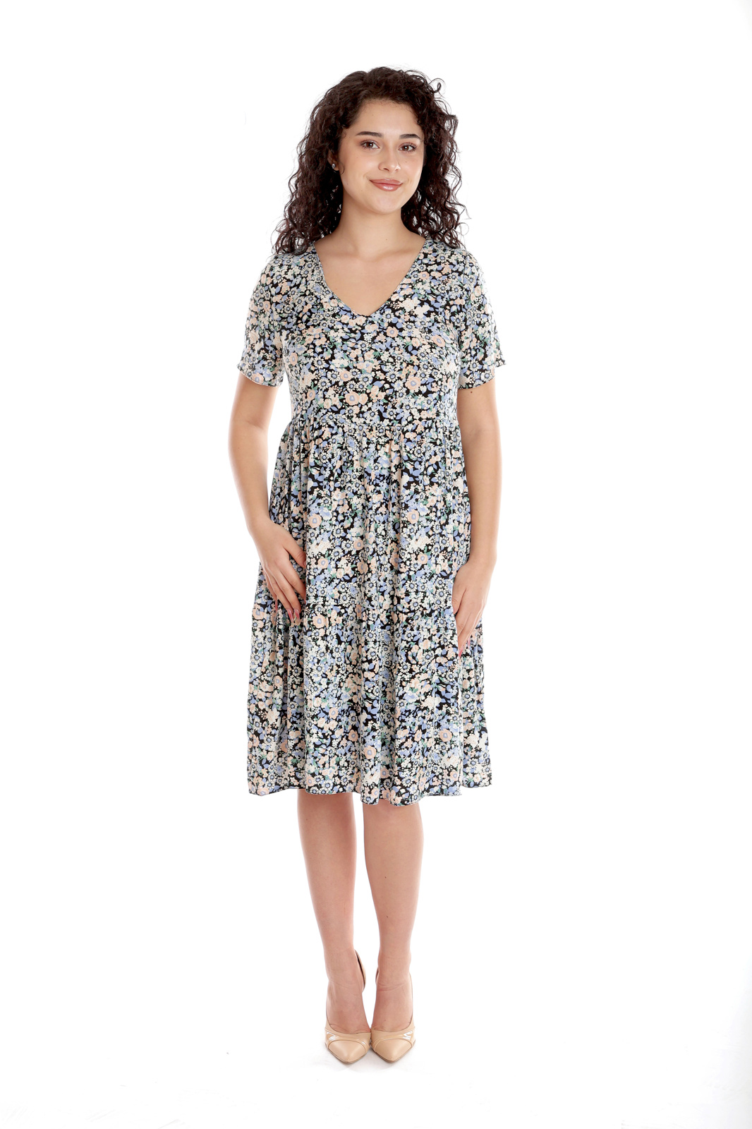 Poza produs Rochie volane CV24052 SIZE albastru/somon microfloral, Cesy | marimea XXL