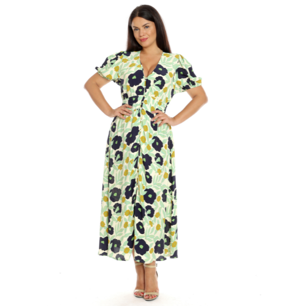Poza produs Rochie cu nasturi DV23R52 crem/vernil/bleumarin floral, Dress to Impress | marimea 44