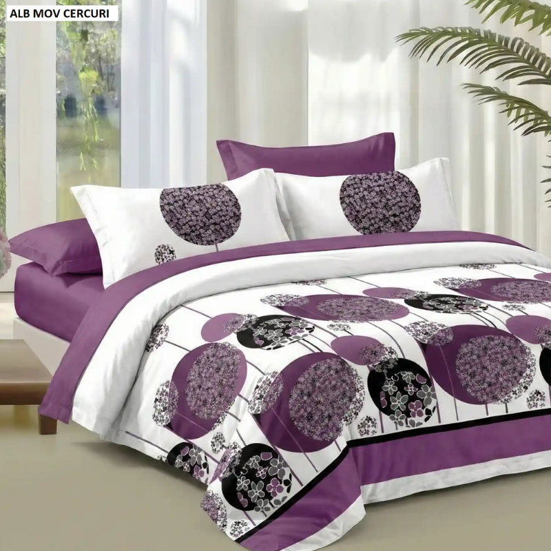 Poza produs Lenjerie pat cu husa FINET (6 piese) alb mov cercuri 180x200 cm, Ralex | 1 buc